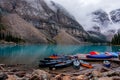 Canoe at Moraine lake in the morning