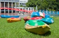 The colorful canoe on the grass