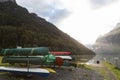 Colorful canoe on lake shore. Switzerland.