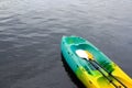 Colorful canoeing or kayak boat with two paddle or oar floating or parking on lake for tourist and customers rent