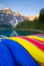 Colorful canoes at Moraine Lake, Banff National Park at sunrise Royalty Free Stock Photo