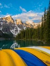 Colorful canoes at Moraine Lake, Banff National Park at sunrise Royalty Free Stock Photo