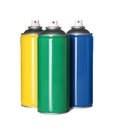 Colorful cans of spray paints on white background Royalty Free Stock Photo