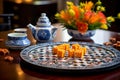 Colorful Cantonese Rice Cake with Floral Design on Tea Table Royalty Free Stock Photo