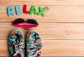 the colorful Canvas shoe and sunglasses with RELAX alphabet on w