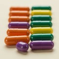 Colorful capsules are arranged in parallel rows on a light surface. Each row contains Royalty Free Stock Photo