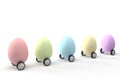 Colorful car eggs for happy Easter on isolated background. Holiday queue egg on wheel