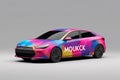 A colorful car with the word moukc on the side. AI generation