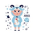 Colorful card with Aries zodiac sign. Kids characters with Astrological horoscope symbols. Hand drawn vector Royalty Free Stock Photo