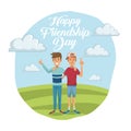 Colorful card of happy friendship day with pair of male friends outdoors in sunny day