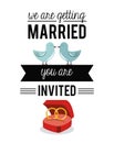 Colorful card of invited of we are getting married with wedding rings and pigeons