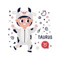 Colorful card with Taurus zodiac sign. Kids characters with Astrological horoscope symbol. Hand drawn vector