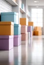 Colorful cardboard boxes stacked neatly in a lively garage with clear copy space for creative projects Royalty Free Stock Photo