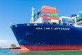 Colorful cargo shipping containers stacked aboard of French container ship CMA CGM JEFFERSON Royalty Free Stock Photo