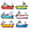 Colorful cargo ships fishing boats set white background, cartoon style illustration. Maritime