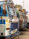 Colorful cargo truck with rich decorative paintings, typical for the trucks in India