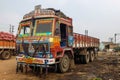 Colorful cargo truck with rich decorative paintings, typical for the trucks in India.
