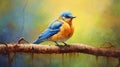 Colorful Caricature: Blue Bird Oil Painting On Branch Royalty Free Stock Photo