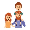 Colorful caricature half body family with wavy long hair woman and bearded man with boy on his back