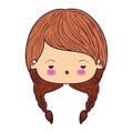 Colorful caricature kawaii face little girl with braids hair and facial expression of boring