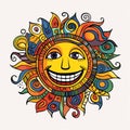 Colorful Caricature Sun And Smiling Face Textile Art Doodle