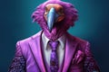 Colorful caricature of a vulture dressed in a purple suit and tie, allegory to a businessman. Generative AI