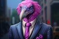 Colorful caricature of a vulture dressed in a purple suit and tie, allegory to a businessman. Generative AI