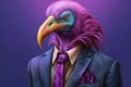 Colorful caricature of a vulture dressed in a purple suit and tie, allegory to a businessman. Generative AI