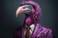 Colorful caricature of a vulture dressed in a purple suit and tie, allegory to a businessman. Generative AI