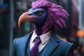 Colorful caricature of a vulture dressed in a purple suit and tie, allegory to a businessman. Generative AI