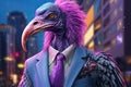 Colorful caricature of a vulture dressed in a purple suit and tie, allegory to a businessman. Generative AI