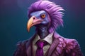 Colorful caricature of a vulture dressed in a purple suit and tie, allegory to a businessman. Generative AI