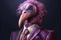 Colorful caricature of a vulture dressed in a purple suit and tie, allegory to a businessman. Generative AI