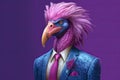 Colorful caricature of a vulture dressed in a purple suit and tie, allegory to a businessman. Generative AI