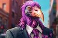 Colorful caricature of a vulture dressed in a purple suit and tie, allegory to a businessman. Generative AI