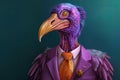 Colorful caricature of a vulture dressed in a purple suit and tie, allegory to a businessman. Generative AI