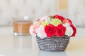 Colorful carnations in brown vase. Royalty Free Stock Photo