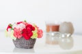 Colorful carnations in brown vase. Royalty Free Stock Photo