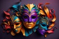 Colorful Carnival Masks And Confetti On Purple Background - Generative AI