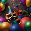 Colorful carnival masks, serpentine balloons and confetti. New Year\'s party and celebrations Royalty Free Stock Photo