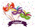 Colorful carnival masks and text Carnival on the background of confetti and fireworks. Mardi Gras Banner, poster Royalty Free Stock Photo