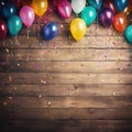 Colorful carnival or party balloons, streamers and confetti on rustic grunge wood planks with copy space