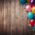 Colorful carnival or party balloons, streamers and confetti on rustic grunge wood planks with copy space