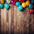 Colorful carnival or party balloons, streamers and confetti on rustic grunge wood planks with copy space