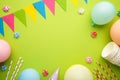 Colorful carnival or party frame of balloons, streamers and confetti on green background. Space for text Royalty Free Stock Photo