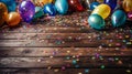 Colorful carnival or party frame of balloons, streamers and confetti on rustic wooden board Royalty Free Stock Photo