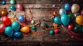 Colorful carnival or party frame of balloons, streamers and confetti on rustic wooden board Royalty Free Stock Photo