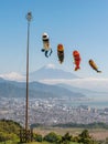 Colorful carp flag flying over Fuji mountain.