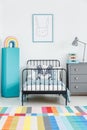 Colorful carpet in kid`s bedroom interior with rabbit poster abo