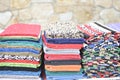 Colorful carpets and fabrics in market ideal for background Royalty Free Stock Photo